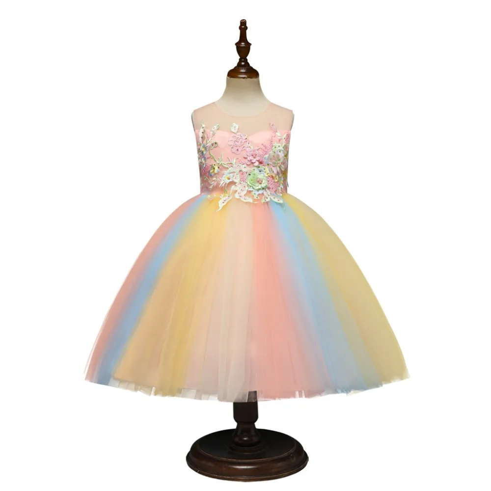 Vestidos/детское вечернее платье для ужина для девочек, Элегантное Длинное платье, Радужное платье-пачка с цветами, фатиновое платье принцессы, вечерние торжественные платья