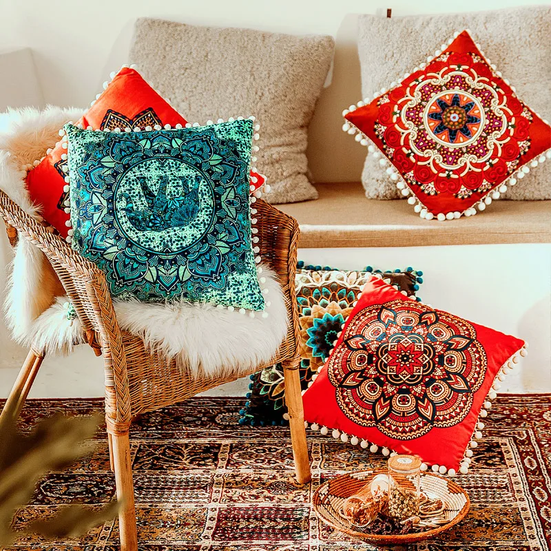 Red Cushion Cover Mandala Floral Pillow Soft Velvet 45X45cm/50x50cm Pomom Ball Fringe Home Decoration | Дом и сад