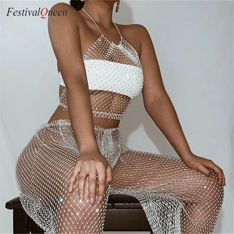 

Mesh Hollow Out Grid Two 2 Piece Set Shiny Rhinestones Halter Crop Top Sexy See Through Mini Skirts Women Summer Beach Outfits