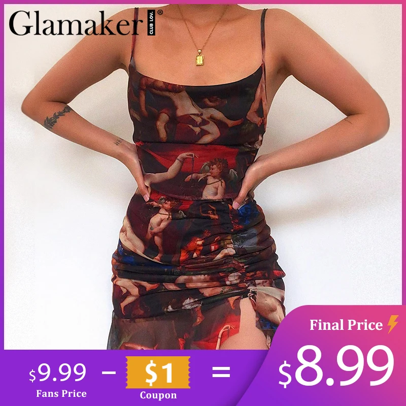

Glamaker Sexy mesh transparent short sundress Women blackless sleeveless elegant dress Angel print shir spring summer beachdress