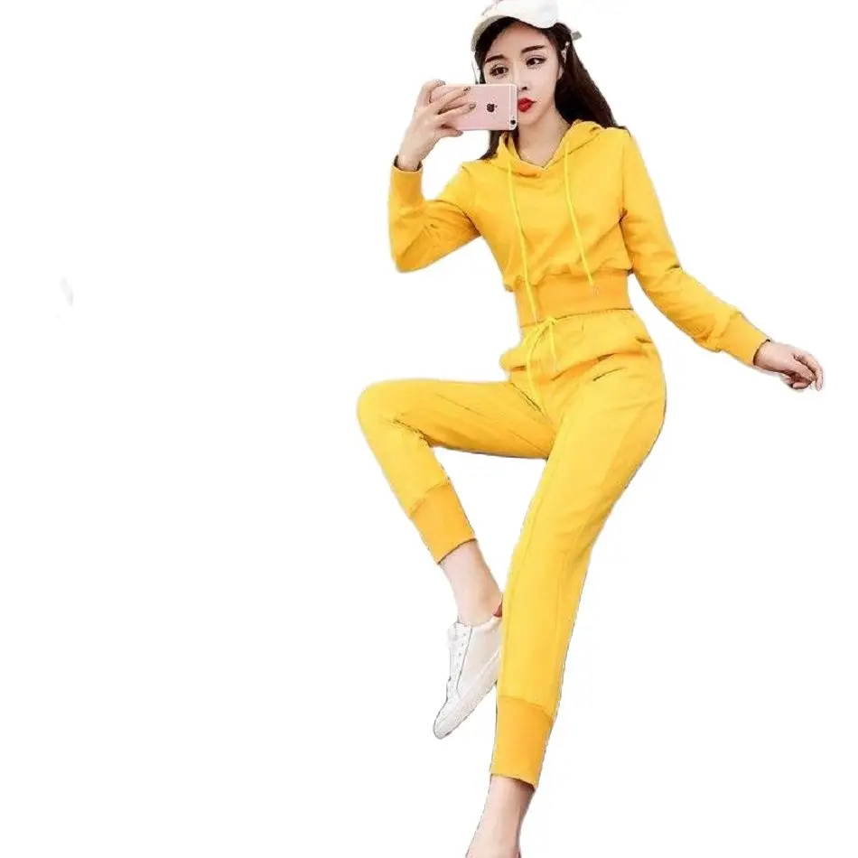 Tracksuit For Women 2021 New Nightclub Ladies Fashion Hooded Short Jacket Casual 2 Piece Set Feet Pants Suit |