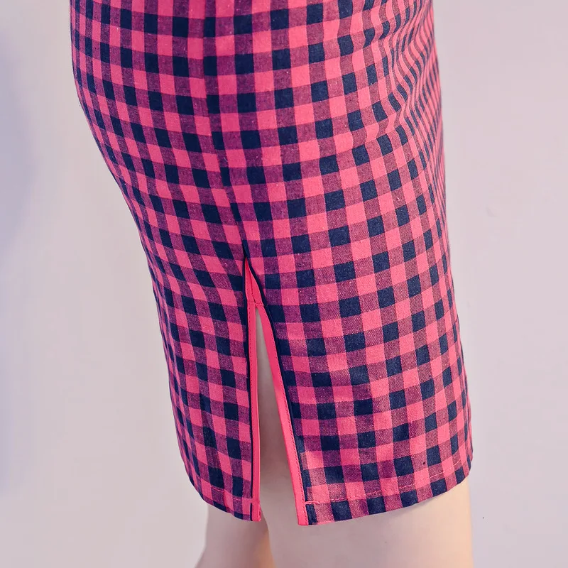 Sheng COCO Chinese Clothing Plaid Short Qipao Cheongsam Dresses Cotton Daily Lattice Traditional Cheongsam Women Retro Qi Chipao