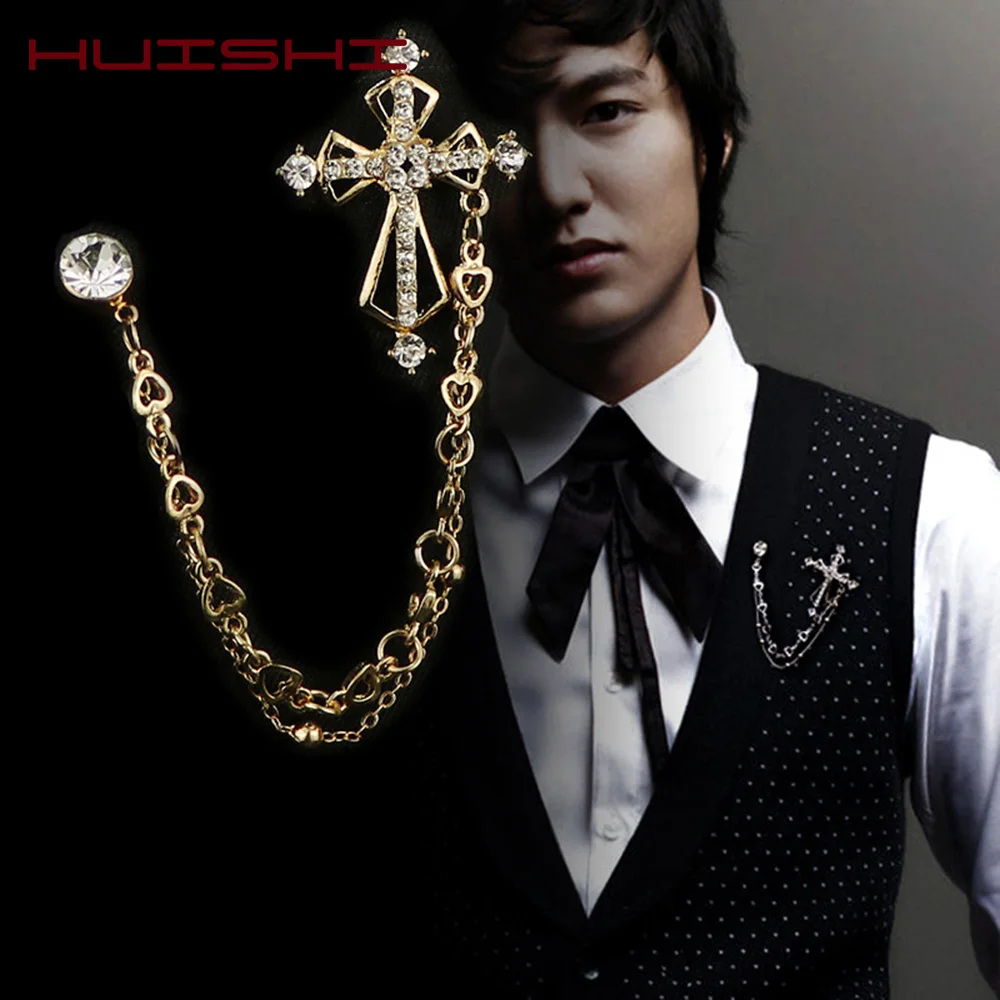 

British Style Cross Brooch Business Suit Tassel Chain Lapel Pin Badge Retro Female Brooch Dress Shirt Corsage Men Accessories