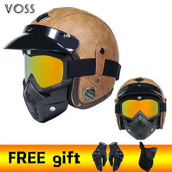

Send 2 gift PU leather helmet 3/4 motorcycle chopper bicycle helmet open face retro motorcycle helmet with goggles mask