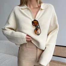 

Autumn Winter Thick Sweater Women Knitted Pullover Warm Solid Color Loose Casual Basic Polo Collar Fashion Leisure Streetwear