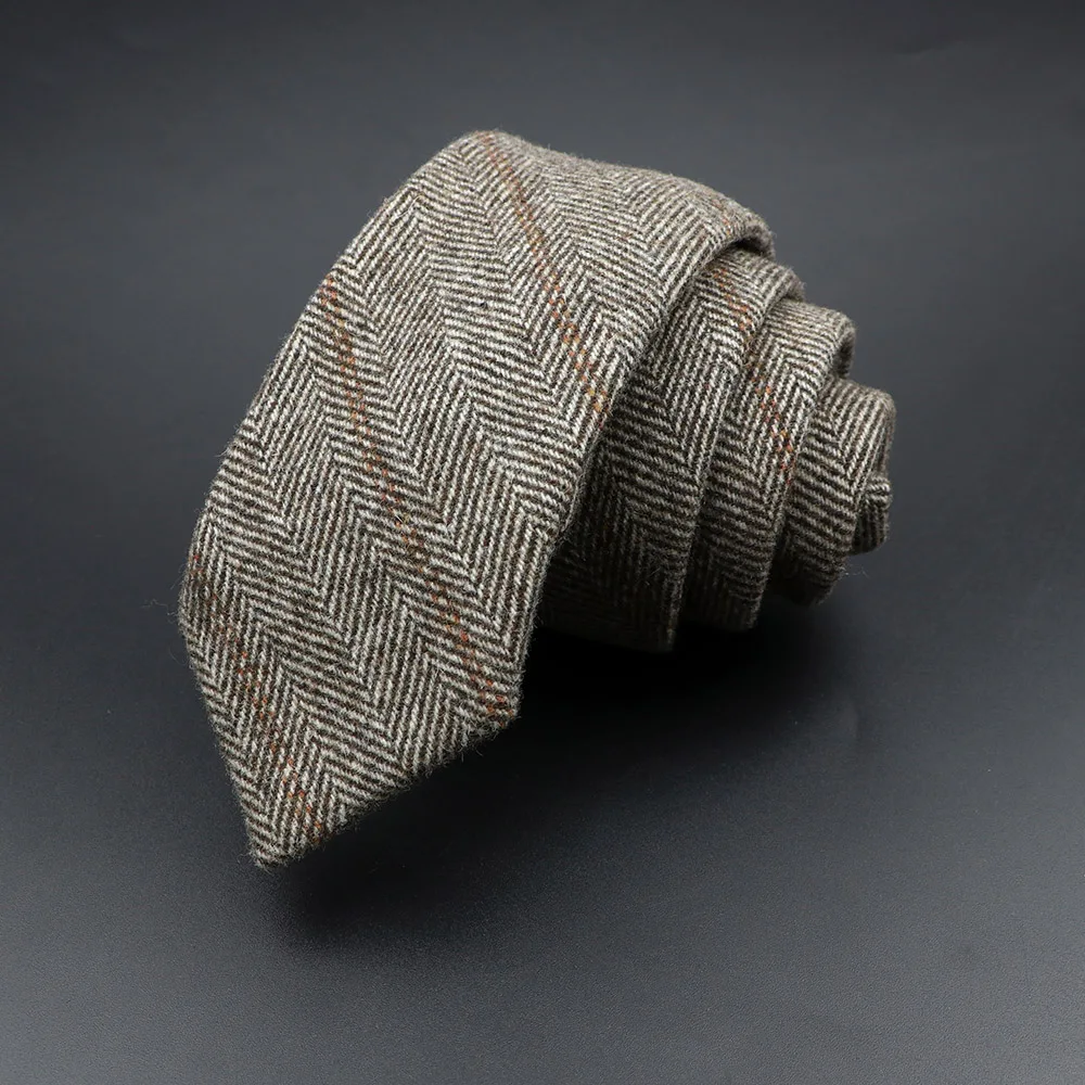 Classic Brown Grey Plaid Striped Wool Necktie Narrow Collar Slim Cashmere Tie For Man Suit Party Casual Accessory Cravat Gift neck tie
