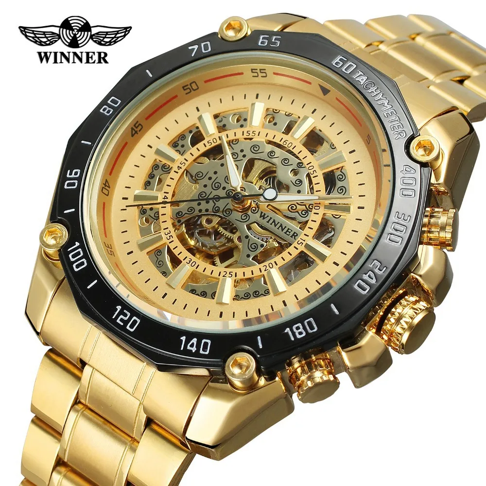 

Winner Fashion Casual Hollow out Gold Watch Large Dial Fully Automatic Analog Watch
