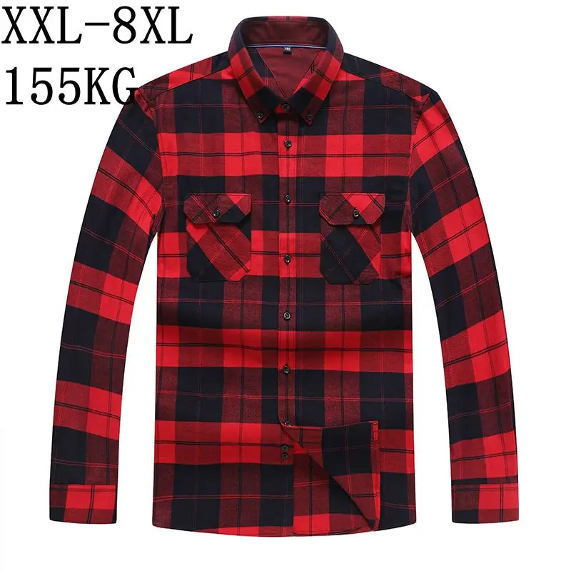 Размер 8XL 7XL 6XL Новинка мужская хлопковая рубашка с карманами толстые клетчатые рубашки мужской, с длинными рукавами Повседневная мужская Свободная рубашка