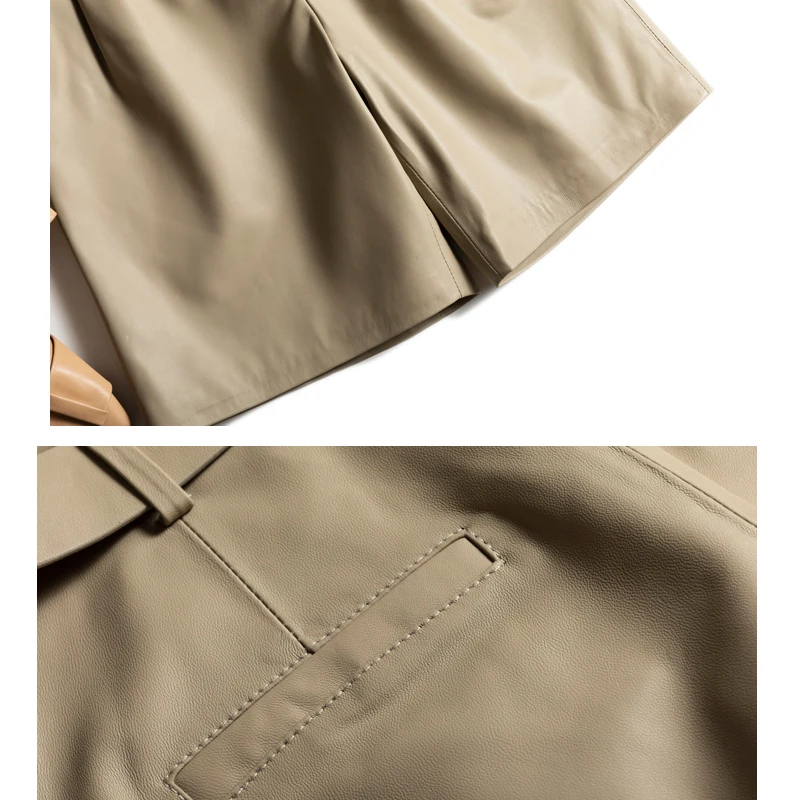 뛰어난 Texture100 % 양가죽 버뮤다 반바지 여성용 스트레이트 웨이스트 진짜 가죽 캐주얼 바지, 벨트 시크 럼 브라운 바지
