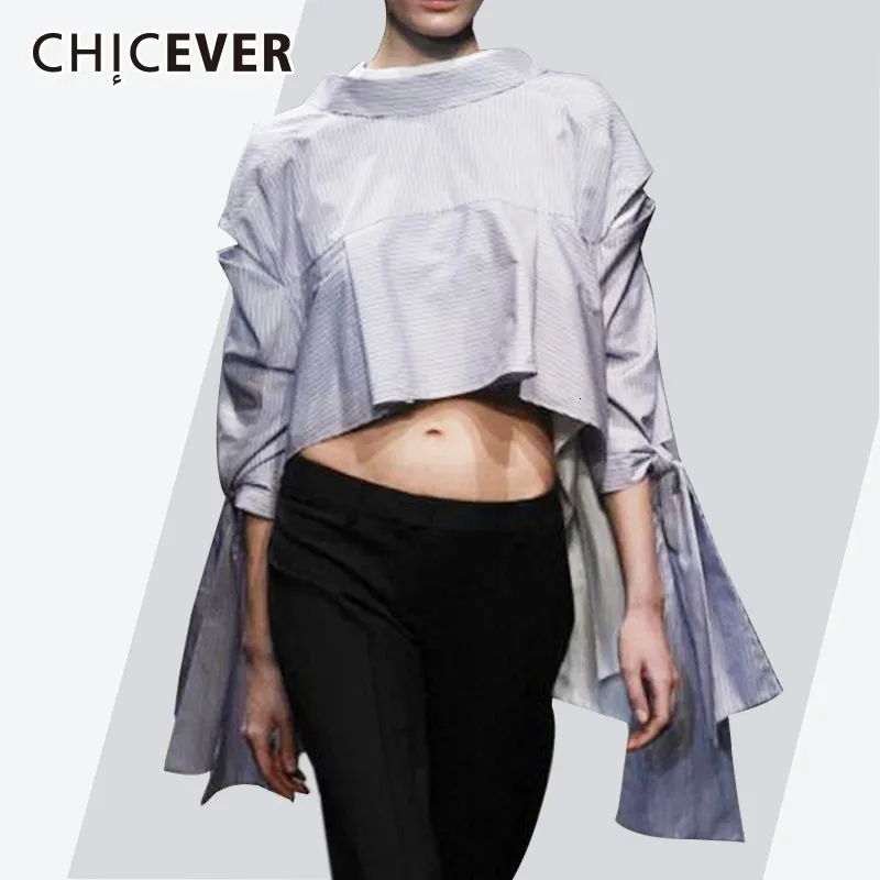 CHICEVER, повседневная, летняя, полосатая, синяя, женская блузка с круглым вырезом, полый рукав, бандаж, бант, женские короткие топы, мода, новинка