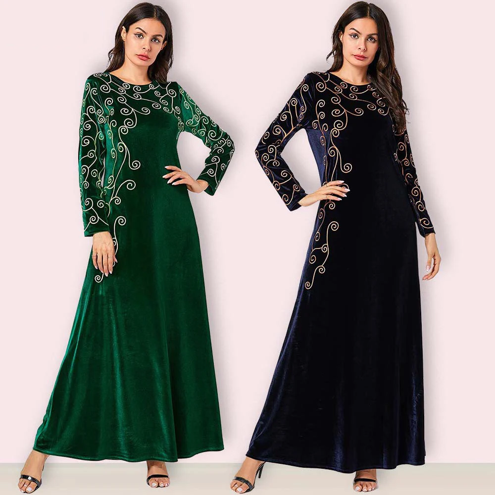 

Vintage Velvet Muslim Dress Women Embroidery Big Swing A-line Maxi Dress Kimono Jubah Robe Abaya Hijab Dresses Islamic Clothing
