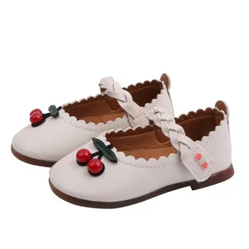

New Autumn Girls Soft Bottom Shallow Single Shoes Toddler Cherry Princess Loafers Baby Leather Flats
