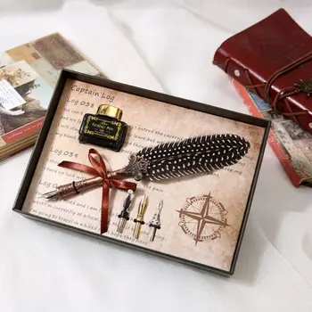 

Vintage Feather Quill Dip Pen Fountain Pens With Ink +3 Nibs Set Stationery Gift