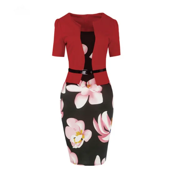 LuckBN женские осенние цельные Лоскутные цветочные принты элегантные деловые вечерние офисные платья размера плюс облегающие рабочие платья карандаш - Цвет: Red short