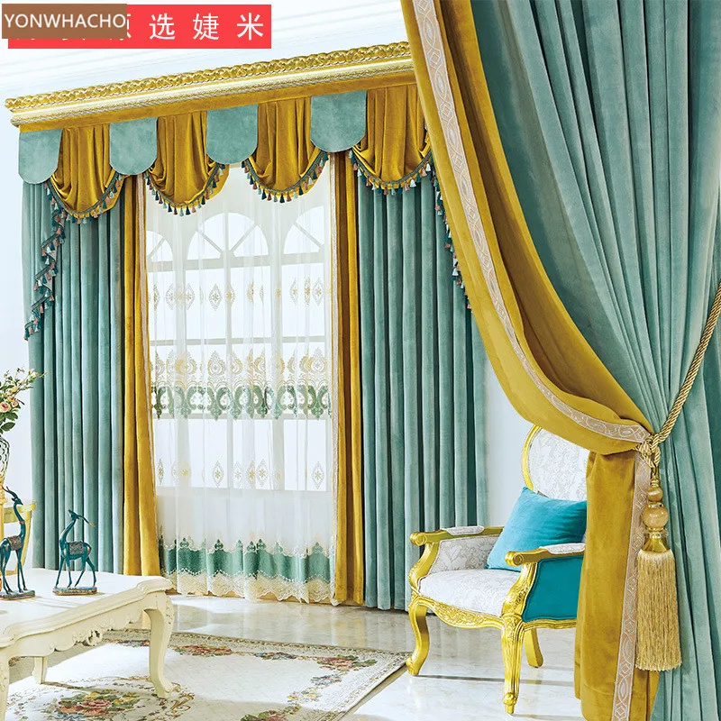 

Custom curtains simple high quality thick velvet stitching blue yellow cloth blackout curtain tulle valance drape B660