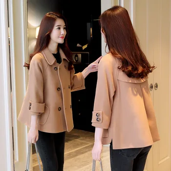 

women wool spring autumn S-2XL female solid woolen coat blends double breasted jacket pocket fashion loose outwear