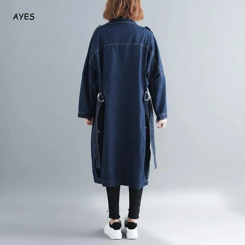 Осенне-зимняя женская длинная Джинсовая Куртка Harajuku boyfriend Wind, джинсовая куртка, свободное джинсовое пальто с длинным рукавом, Джинсовая длинная верхняя одежда с поясом