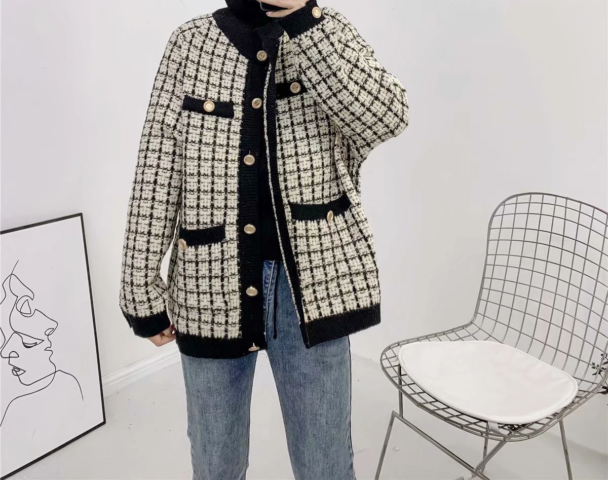 Звезда Светлячок свитер куртка женская 2019loose плед Фонарь рукава пальто небольшой аромат однобортный большой вязаный кардиган