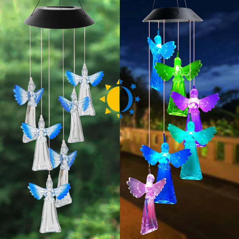 Solar Power Wind Chime Lamps Colorful Angels Windbell Pendant Light Waterproof Outdoor Hanging Fairy Garden Decorative Lights 7 pcs chakra chimes natural bamboo wind chimes meditation chord windchime windbell