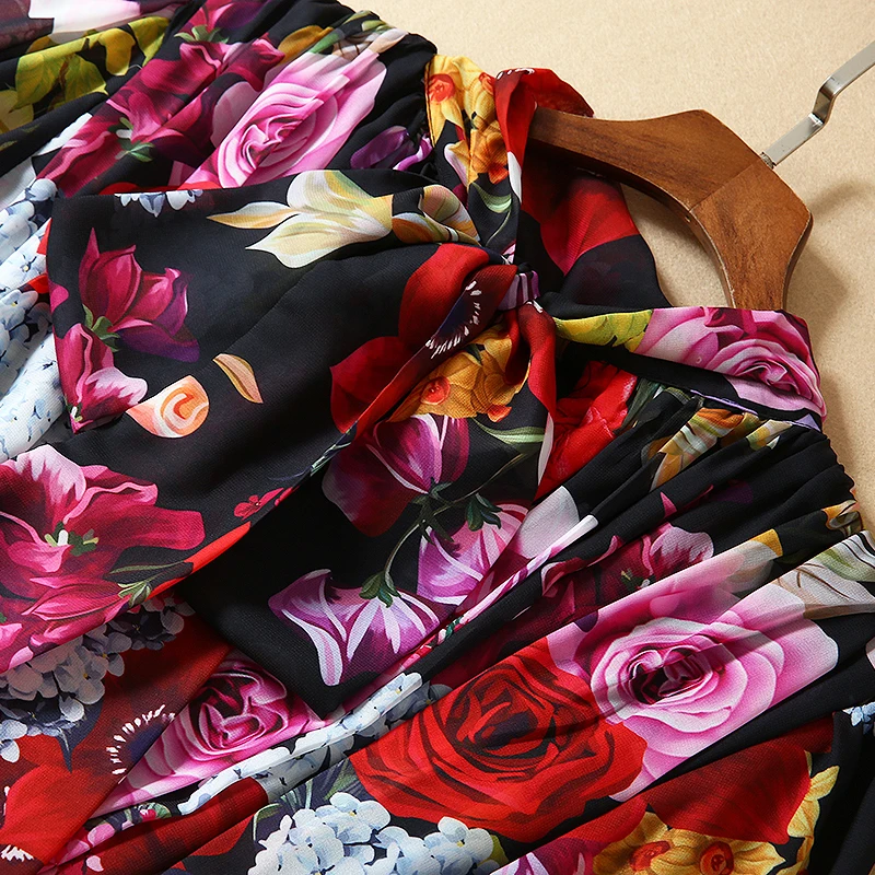 Red RoosaRosee Designer Women Spring Autumn Bow Collar Flower Print Long Sleeve Long Maxi Dress Elegant Boho Vestidos Robe Femme