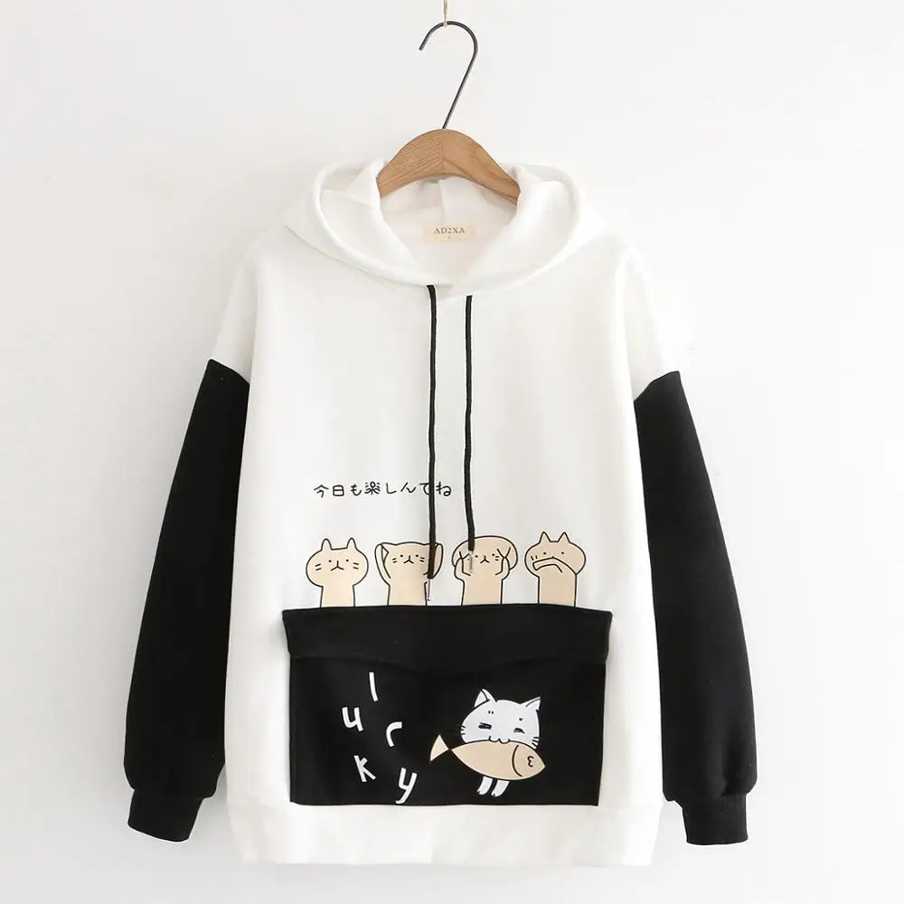 Черный MERRY PRETTY женские Harajuku мультфильм печати толстовки кофты зима плюс бархат с капюшоном пуловеры с карманом спортивный костюм - Цвет: Черный