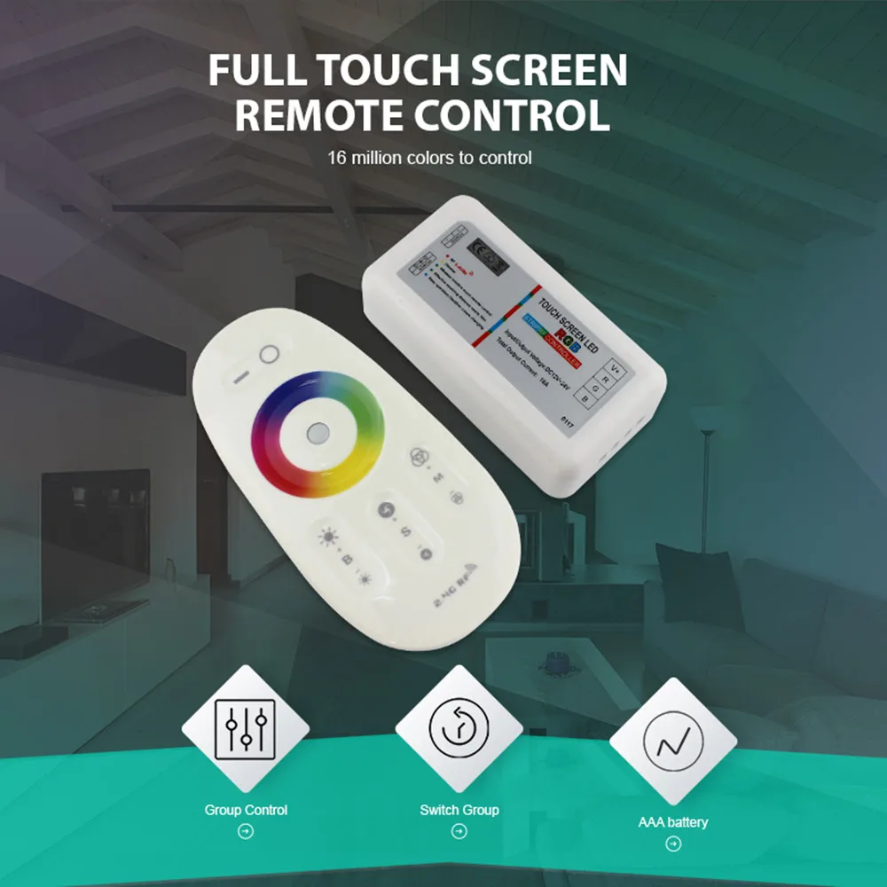 

Full Touch RGB LED Controller Dimmer DC 12V 24V 18A 16 Million Colors Wireless 2.4G RF Remote Controller for RGB LED Strip Light