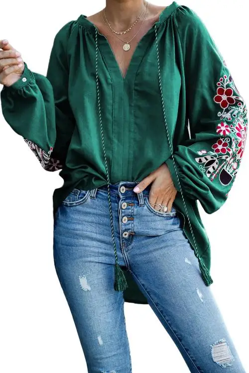 Зеленая/черная/синяя/Розовая Расслабляющая облегающая блузка с цветочной вышивкой в крестьянском стиле, Женская Повседневная Свободная Осенняя блузка с длинными рукавами - Цвет: Зеленый