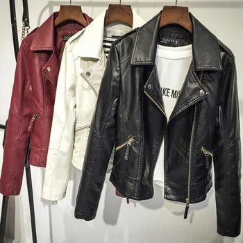 

2019 Spring Fashion Women's Washed PU Leather Jacket Motorcycle Outwear White Black Red Short Zipper Leather Coat Outwear