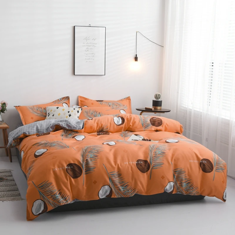 

ANNAs Good Stuff Cocanut Palm Leaf Printed Bedding Set 2019 Plant Printing Style Quilt Cover Grey Plaid Bedsheet Orange King Bed