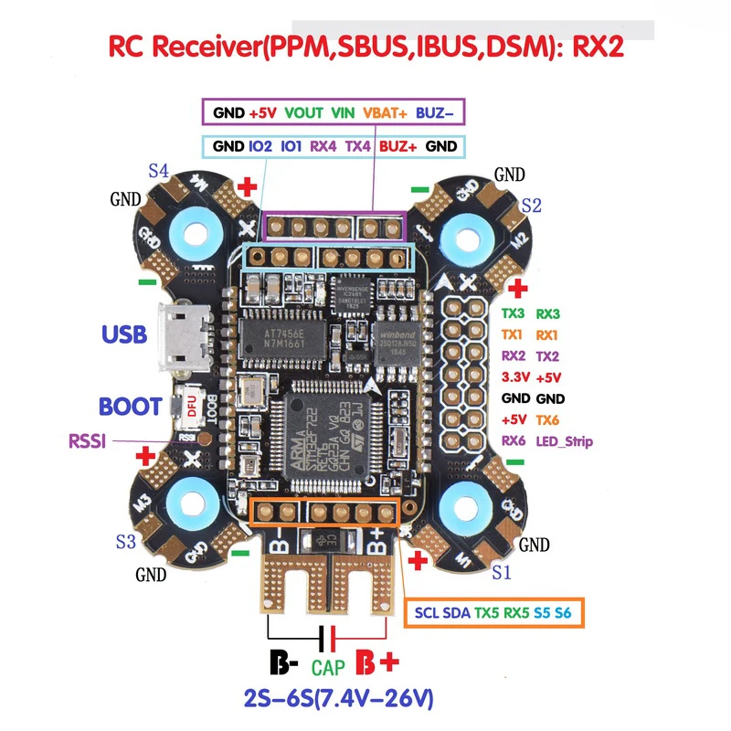 30 5 мм JHEMCU F722 PDB OSD 5V/2A BEC 2 6S система управления полетом/алюминиевая крышка 25В