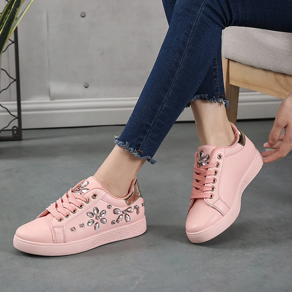 

Sneakers Women 2019 Crystal Pu Leather Student Shoes Lace Up Basket Femme Black Pink Withe Casual Shoes Woman Big Size Sneakers