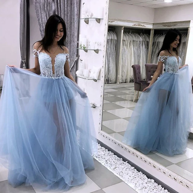 New Customize Beautiful A-Line Illusion Neckline Light Blue Tulle