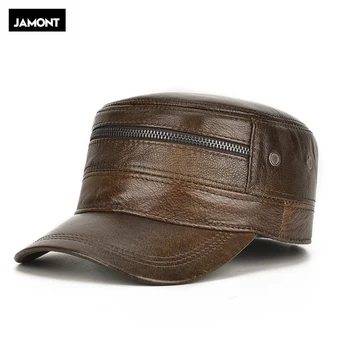 

JAMONT Genuine Leather Hat With Ears Autumn Winter Men Cowhide Military Hats Adjustable Size Flat Cap Male Bone Snapback Cap