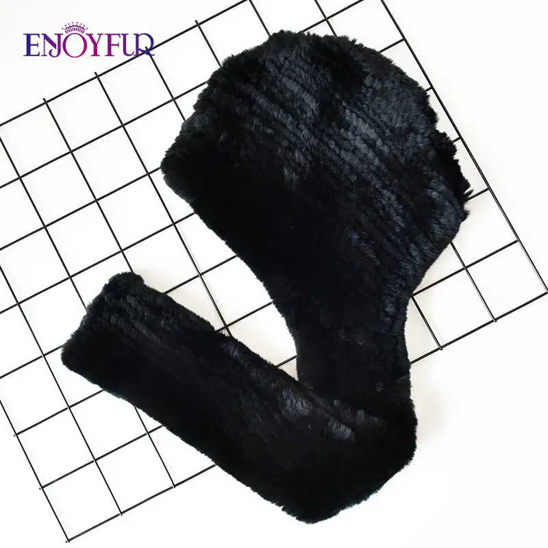001 ENJOYFUR Warm rabbit fur hat scarf for women fashion female Russian style fur cap scarf knitted warm fur beanies - Color: 001