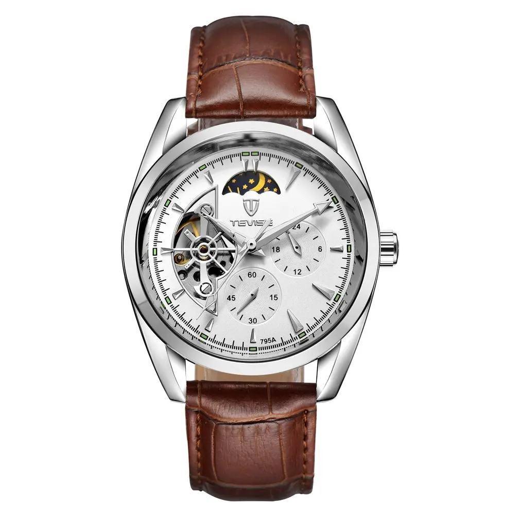 

TEVISE Men Watch Tourbillon Automatic Leather Strap Watches Luxury Moon Phase Mechanical Waterproof Watch Hollow Out Dial