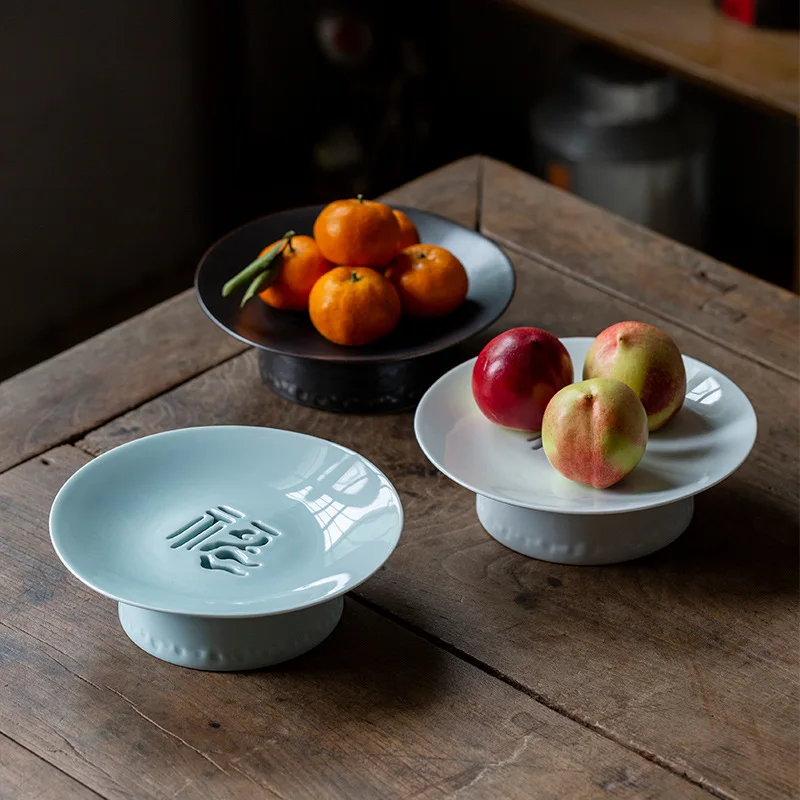 

Fruit Plate Dim Sum Plate Snack Tray Chinese Ceramic High Leg Draining Tea Cake Tray Tea Ceremony Fruit Nut Dish Cake Plate