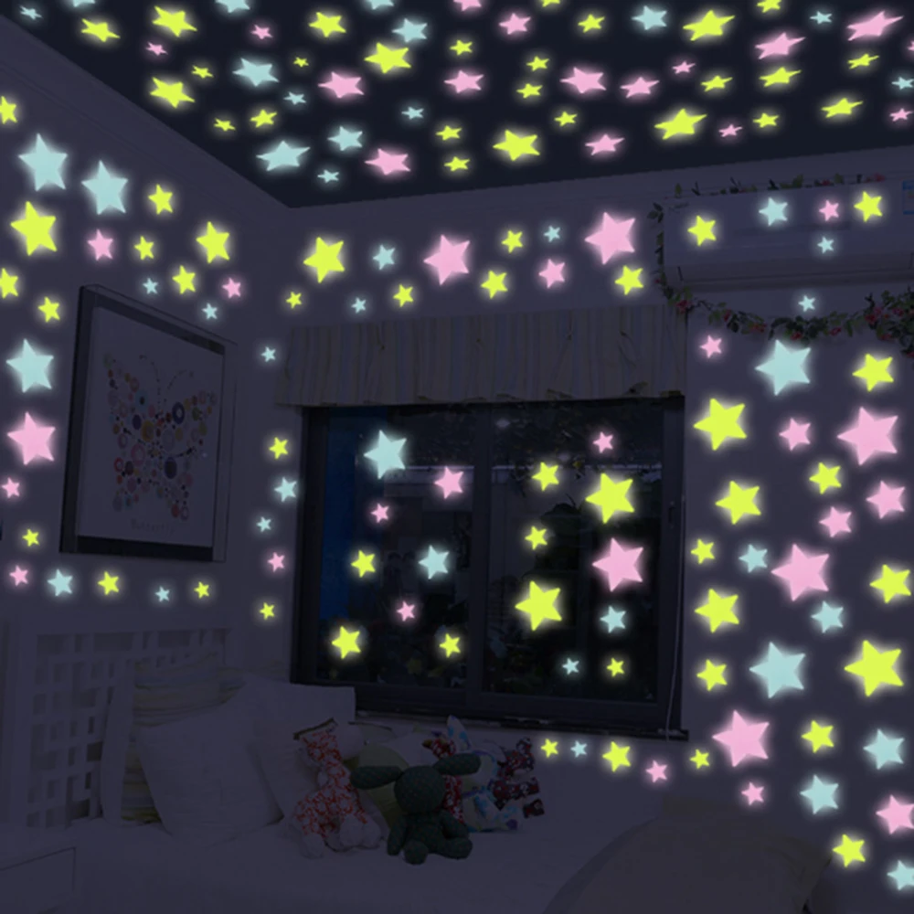 100pcs 3D Stars Glow In Dark Luminous Fluorescent Plastic Wall Sticker Home Decor Decal Wallpaper Decorative luminous wall stickers fluorescent stickers 3d wall stickers