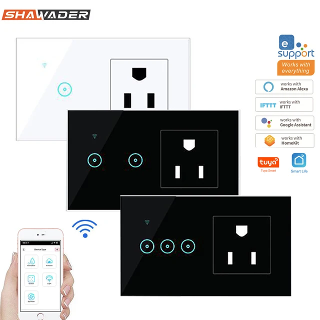 Wifi Smart Light Switch Tuya Wireless Wall Sockets Glass Crystal Touch Panel US Electrical Plug Outlets Wifi Smart Light Switch Tuya Wireless Wall Sockets Glass Crystal Touch Panel US Electrical Plug Outlets Remote Alexa Google Home
