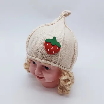 

Autumn Winter Newborn Baby Cute Hats Crochet Knitted Beanie Hats Kids Strawberry Pattern Caps Wool Hemming Caps Photo Props Hats