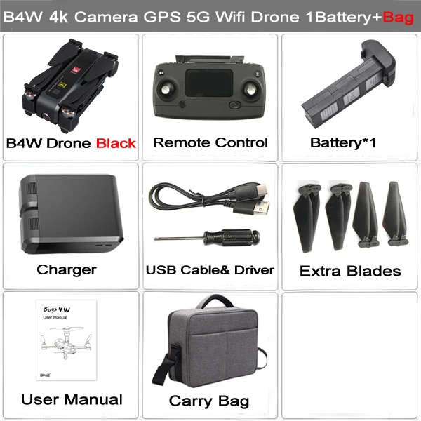 MJX Bugs 4W B4W gps Радиоуправляемый Дрон с настоящей камерой 4K HD, антивибрационный оптический поток, бесщеточный 5G wifi FPV складной Квадрокоптер Дрон 1,6 км - Цвет: B4W Black 4K 1B Bag