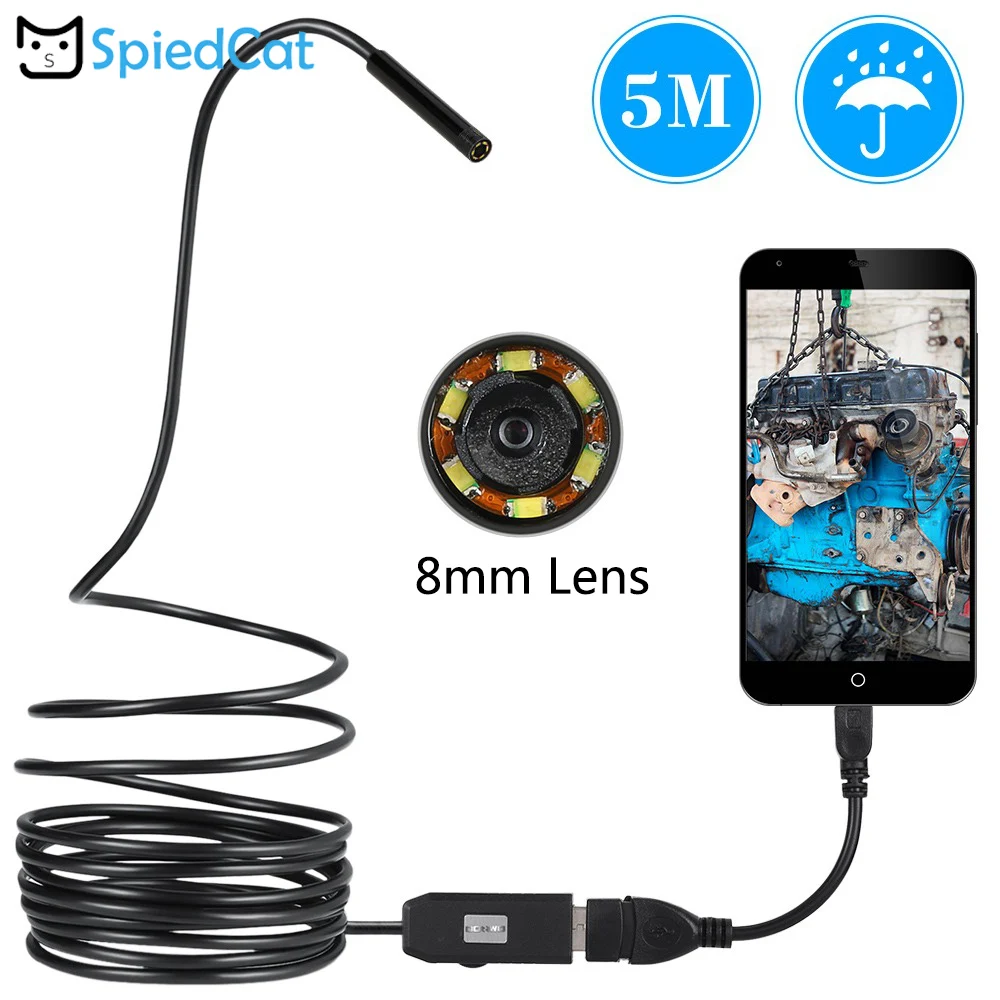 SPIED CAT Mini 8mm Lens 6LED Android USB Endoscope 5M soft Cable Snake Car Repair Pipe Inspection Android USB Borescope Camera