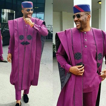 

Fadzeco African Men Dashiki Suits Top Shirt Pant Set 3 Pieces Outfit Set Tribal Print Purple African Mens Clothes Robe Big Size