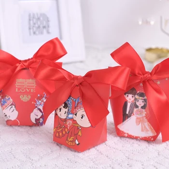 

Chinese style Bride&groom wedding party favors chocolate box small paper gift box packaging 50pcs thank you gift bag With ribbon