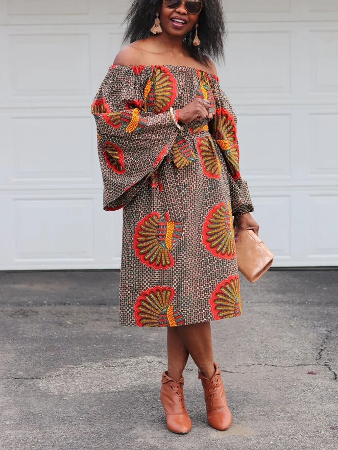 African Dresses For Women Dahsiki Print Plus Size Clothes European Clothing Off Shoulder Long Sleeve Belt Maxi Loose Dress