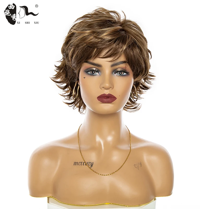 Short Mixed Blonde Brown Synthetic Wigs With Bangs For Women Heat Resistant Fiber Natural Wavy Pixie Cut Hair Wigs XISHIXIUHAIR synthetic hair bun hairpiece fully short ponytail bun mixed blonde hair chignon with comb bun updo extension for women