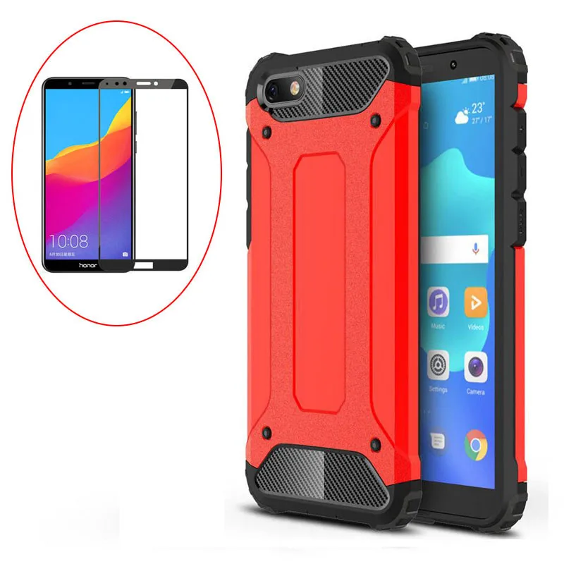 Red Case Glass 2-в-1 телефона броневой стекло+ чехлы на huawei honor 7a pro 7c 7 a противоударный Прочный ПК полное чехол honor-7a сесиликоновый honor 7 c чехол хонор 7а чехол хуавей хонор 7a 7с чехол хонор 7с - Цвет: Red Case Glass
