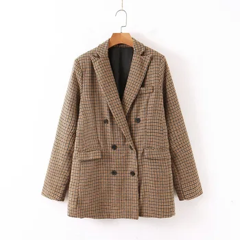 

Women's office mid-length blazer 2020 Spring and Autumn Plaid loose double-breasted jacket feminine Fashion small suit