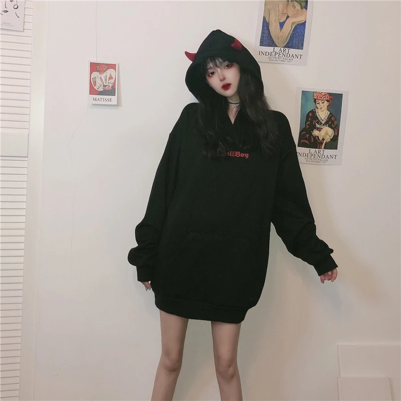 Сезон осень-зима; Для женщин кофты Хай-стрит Harajuku милые толстовки с капюшоном в стиле панк дьявол в готическом стиле Рог шикарный пуловер с капюшоном свитер с капюшоном