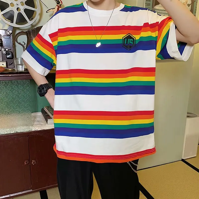 

Striped Five-sleeved Men's New Relaxed Fashionable Half-sleeved Couple Tee Short-sleeved T-shirt in 2019