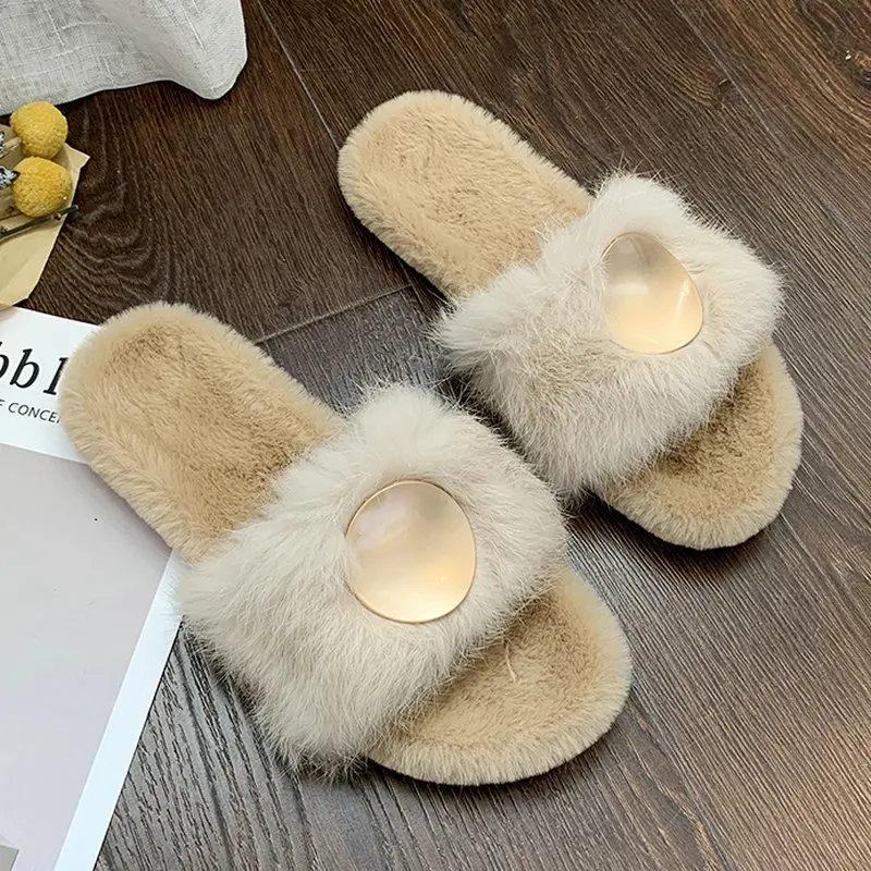 

Plus Size 35-53 Nice New Women Soft Slippers Winter Home Use Real Fox Fur Warm Shoes Woman Young Lady Non Slip Sweet Filp Flops